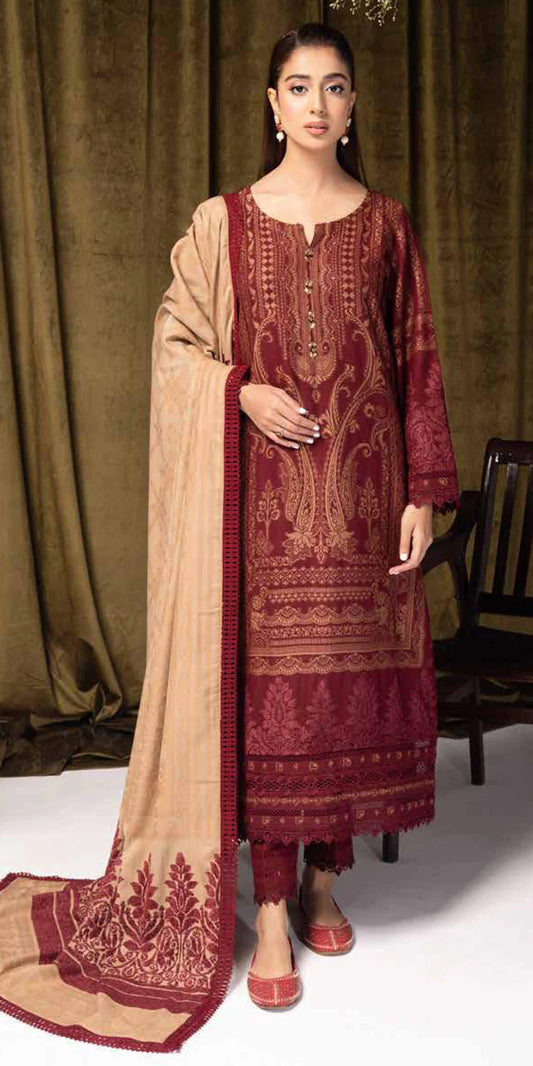 Tehzeeb Self Leather Jacquard Peach With Velvet Jacquard Shawl by Riaz Arts - TL - 387