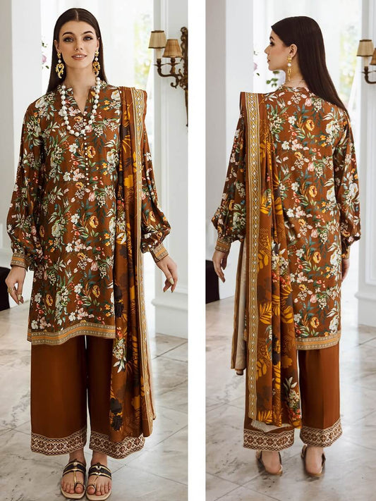 Zellbury  Embroidered Shirt Shalwar Dupatta - Brown - Viscose Suit - 0688