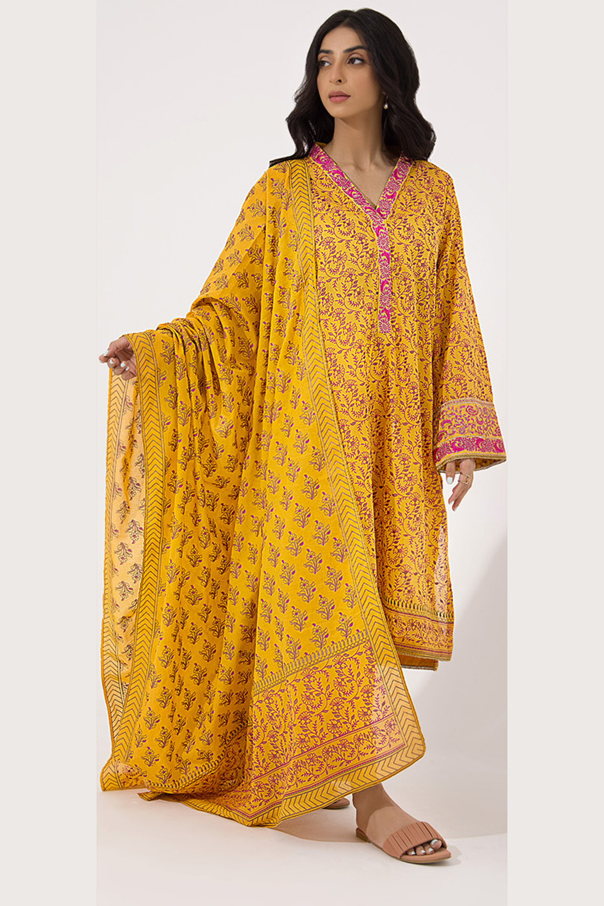 zellbury -Embroidered Shirt Shalwar Dupatta - Yellow - Textured Suit-0199