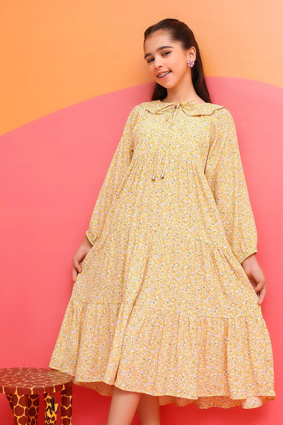 Ochre - Yellow Printed Georgette Full Length Dress