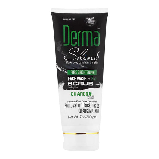 Derma Shine - Pure Whitening Charcoal Extract 2-In-1 Face Wash + Scrub - 200g