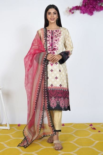 Zellbury Unstitched Lawn Collection Spring'22 Embroidered Shirt Shalwar Dupatta - Amber Beige - Textured Suit (WUC22E30460)