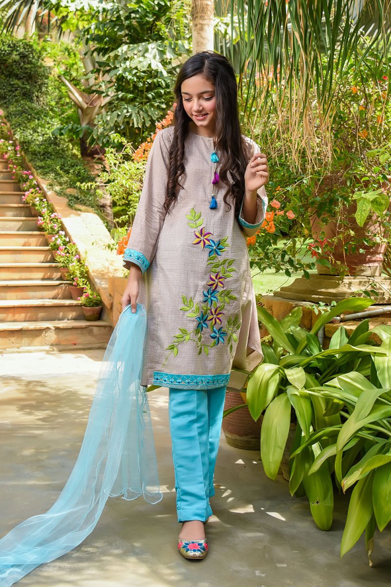Chambray Embroidered 3 Pc Suit