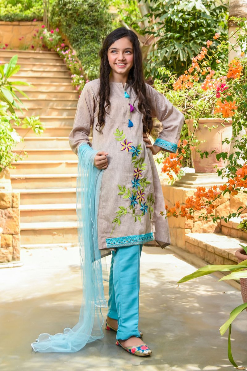 Chambray Embroidered 3 Pc Suit