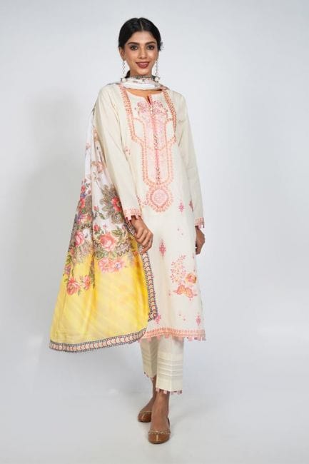 Zellbury Unstitched Lawn Collection Spring'22 Embroidered Shirt Shalwar Dupatta - Vanilla White - Jacquard Suit (WUC22E30471)