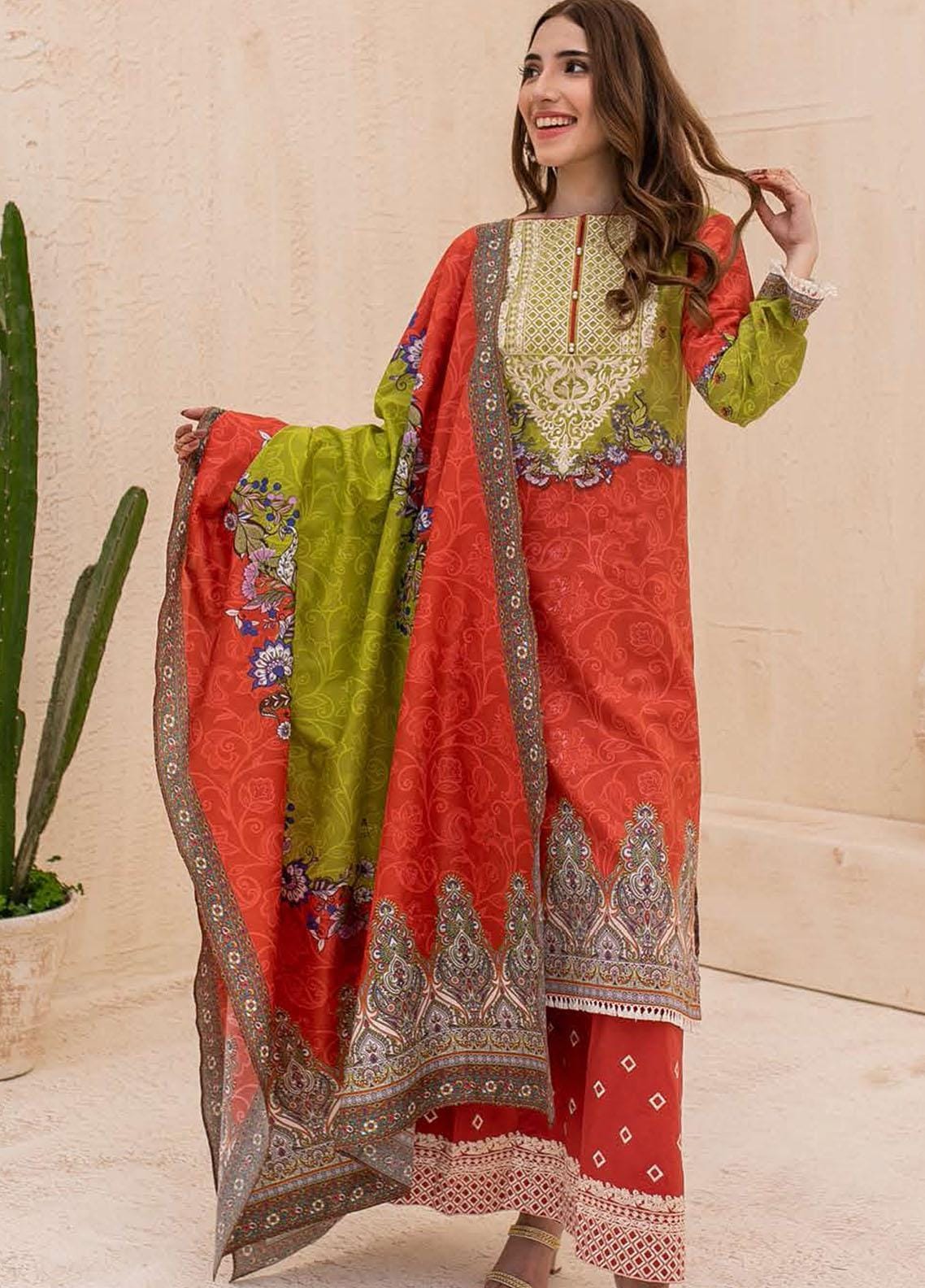 Zellbury Ladies Un-Stitch Embroidered Shirt Shalwar Dupatta - Rust Orange - Cambric Suit (WUC21E30065)